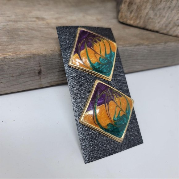 Vintage Enameled Statement Earrings Pierced - Picture 3 of 5